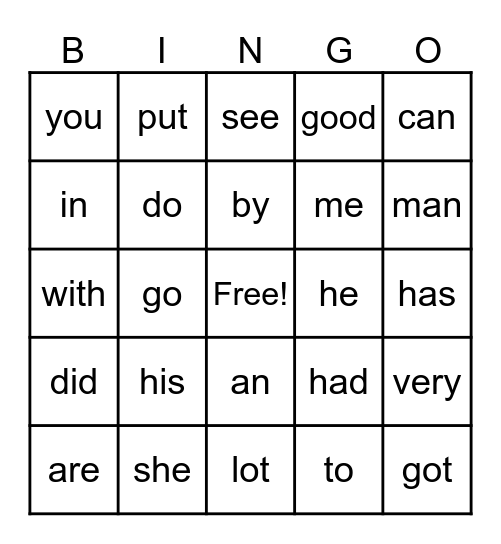 Heart Word Bingo Card