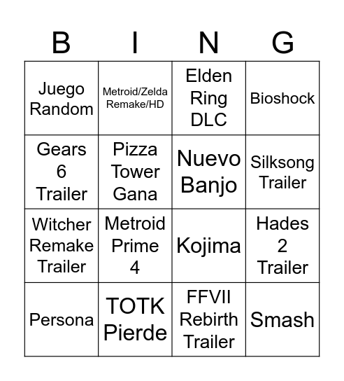 Game Awards Bingo Card