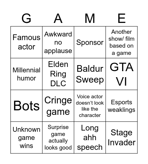 Game Awards Bingo Card