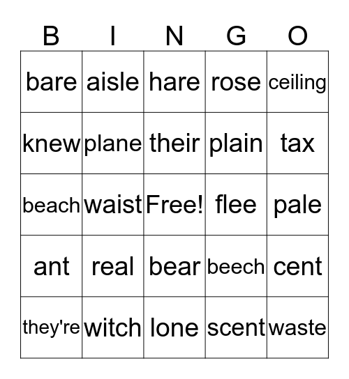 homophones Bingo Card