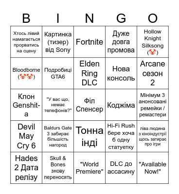 The Game Awards 2023 (Ukrainian) Bingo Card