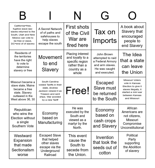 Civil War-Sectionalism Bingo Card