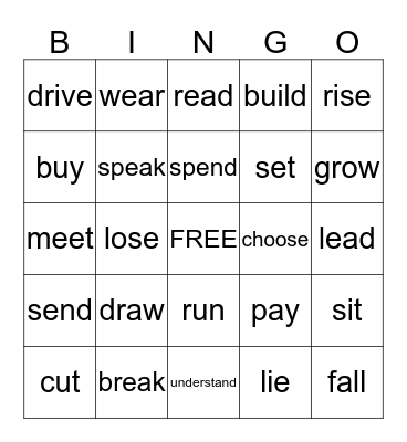 Irregular Past Tense Bingo Card