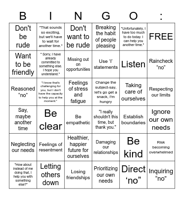 Saying No (Adult version) Bingo Card