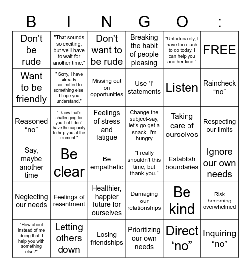 Saying No (Adult version) Bingo Card