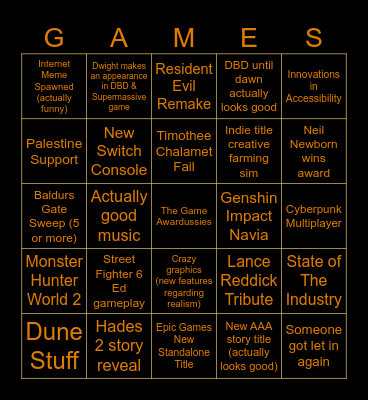 The Game Awards 2023 Bingo Card
