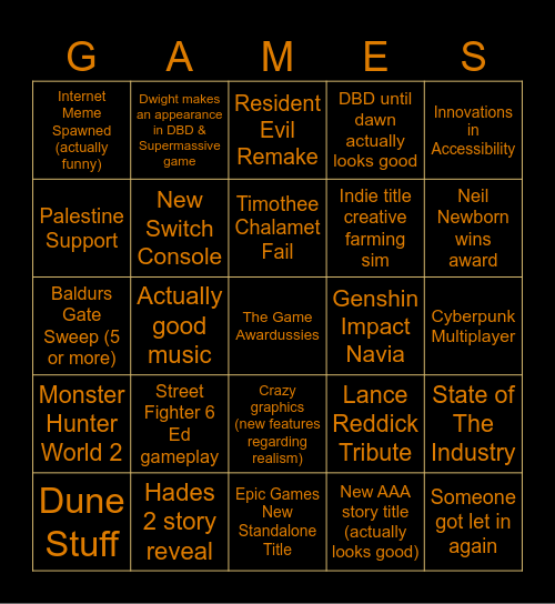The Game Awards 2023 Bingo Card
