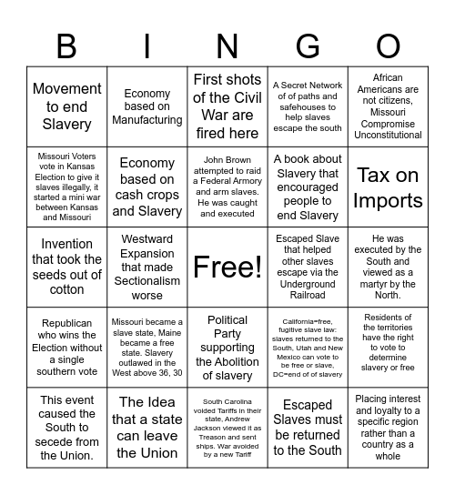 Civil War Sectionalism Bingo Card