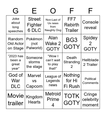TGA 2023 for Gamering Bingo Card