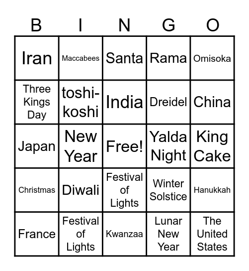 Holidays Around the World Bingo Card
