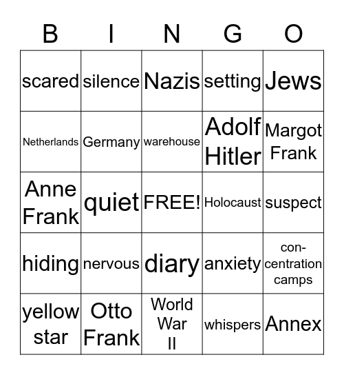 Anne Frank Bingo Card