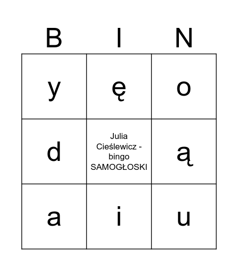 Julia Cieślewicz - słuch mowny ćwiczenie 2 SAMOGŁOSKI Bingo Card