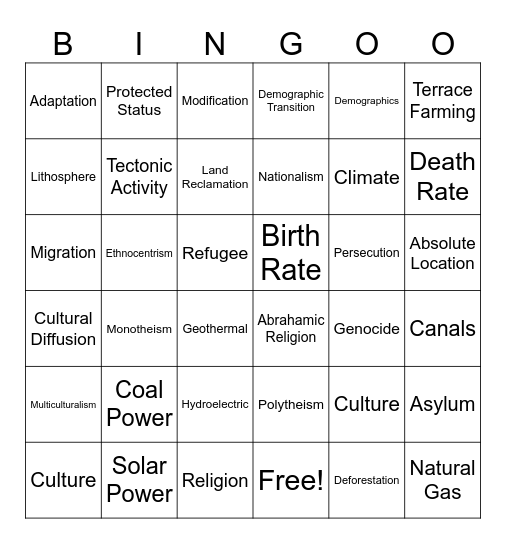 Fall Semester Vocabulary Bingo Card