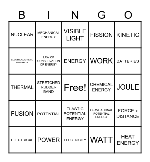 ENERGY BINGO Card