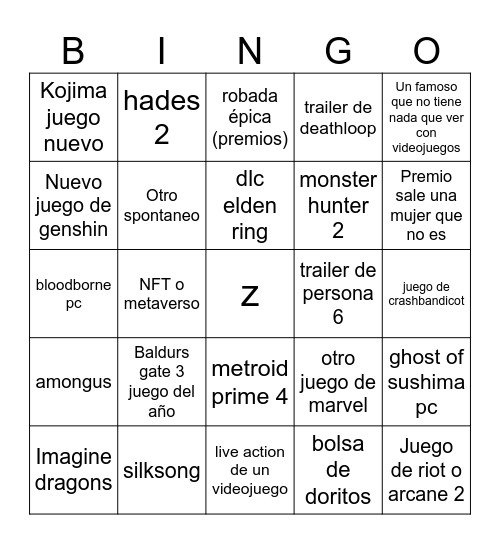 Game awards Bingo Card