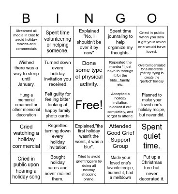 Grief and the Holidays Bingo Card