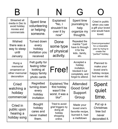 Grief and the Holidays Bingo Card