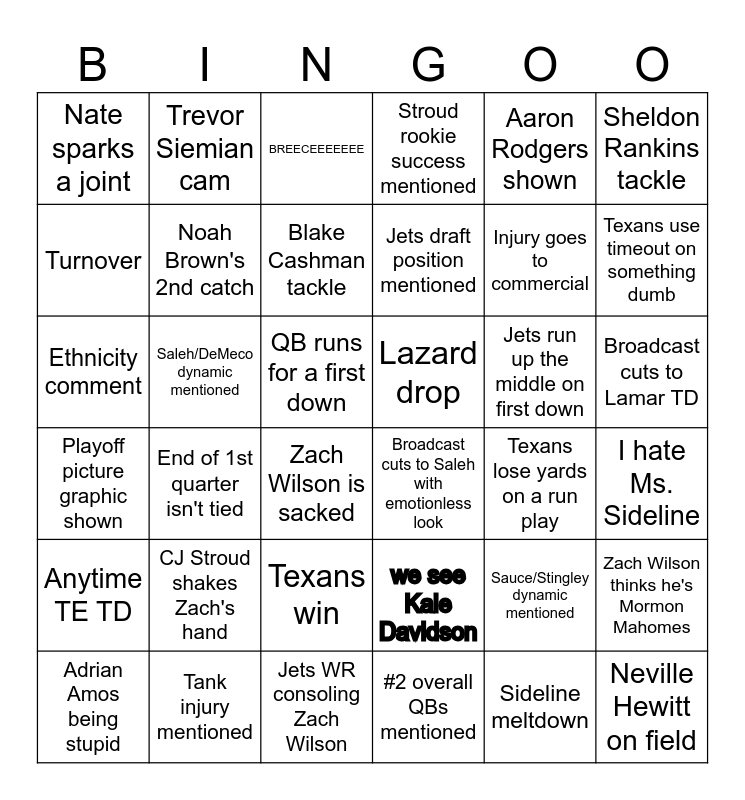 Texans vs Jets Bingo Card