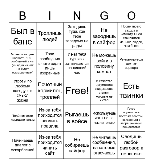 Бинго мемполисного злодея Bingo Card