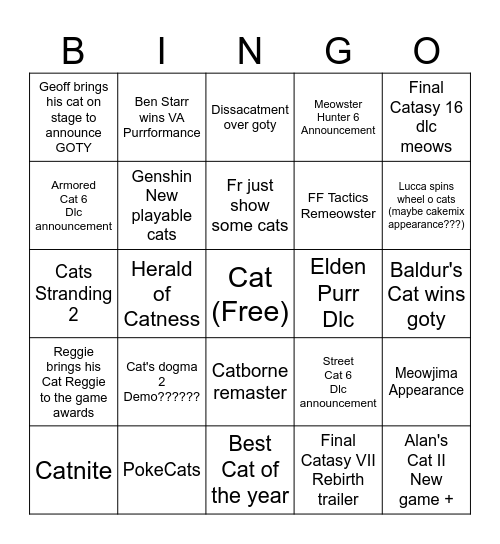 Game Awards Bingo Card