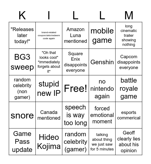 geoff keighley's one yearly social outing 2023 Bingo Card