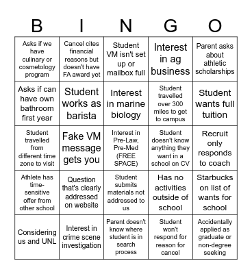 Admissions Bingo Card