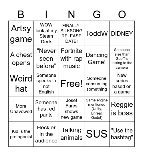 GOTY 2023 Bingo Card