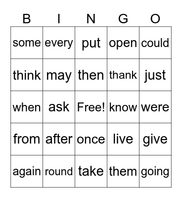 Dolch Sight Words Level 1 Bingo Card