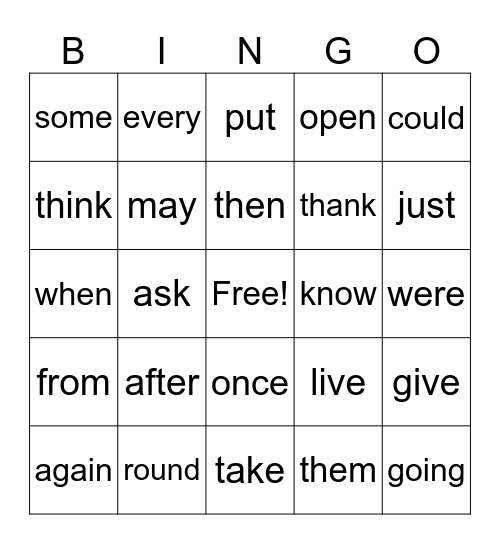Dolch Sight Words Level 1 Bingo Card