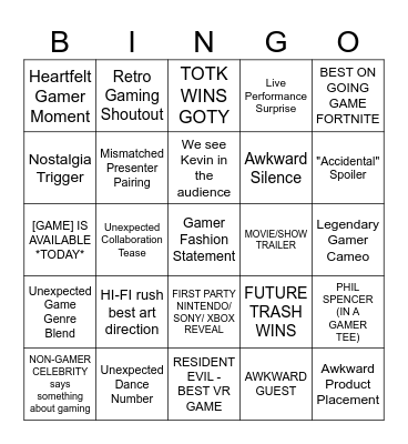 The Game Awards 2023 Bingo Card
