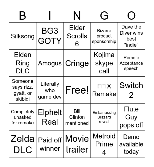 Gamer Awards Bingo Card