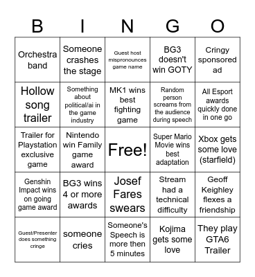 Game awards 2023 Bingo Card