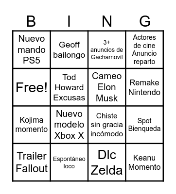 Games Awards Bingo Card