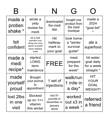Medi Weight Loss Winter Bingo Card