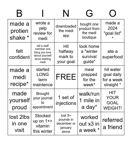 Medi Weight Loss Winter Bingo Card