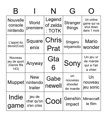 Game award Bingo Card