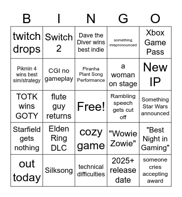 Game Awards 2023 Bingo Card