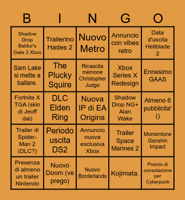 TGA 2023 Bingo Card