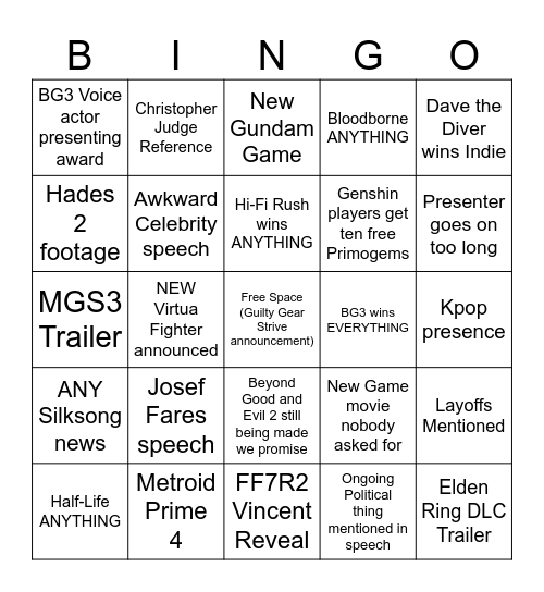 VGA predictions Bingo Card