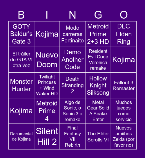 Anuncios The Game Awards Bingo Card