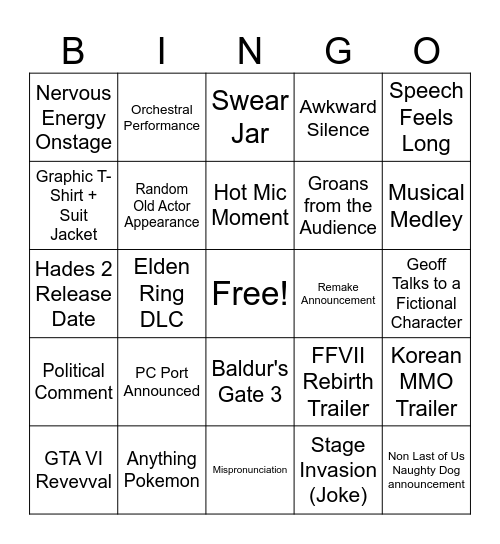 VGAs '23 Bingo Card