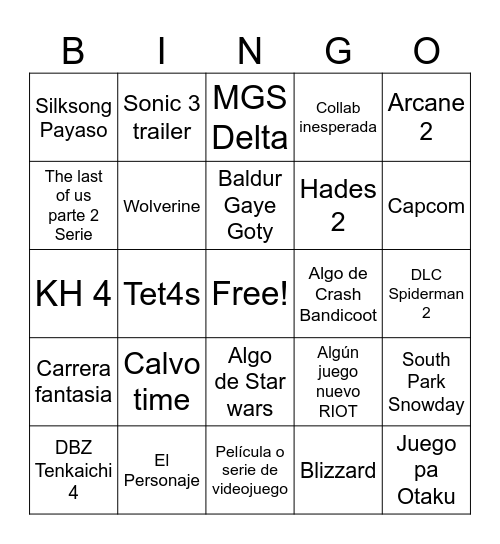 Bingo Game Awards Bingo Card