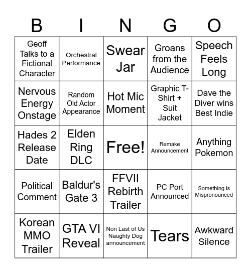 VGAs '23 Bingo Card