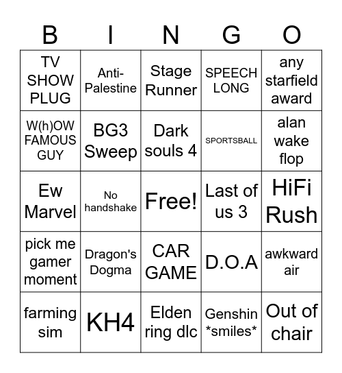 Game Awards 2023 Bingo! Bingo Card