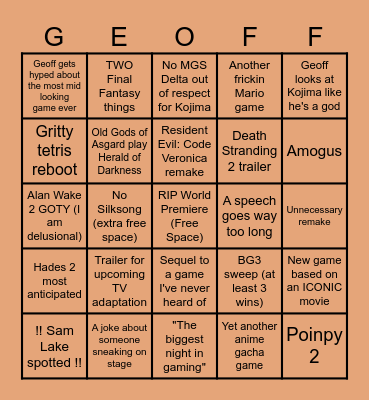 The Game Awards 2023 Bingo Card