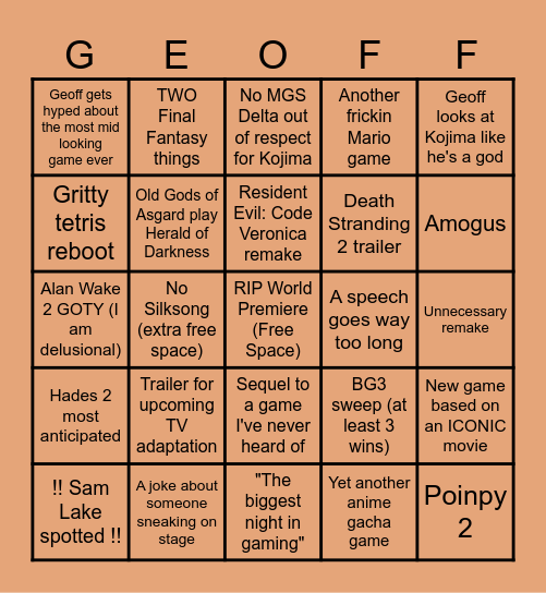 The Game Awards 2023 Bingo Card