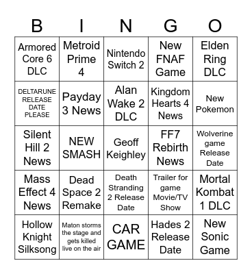 Game Awards 2023 Bingo Card