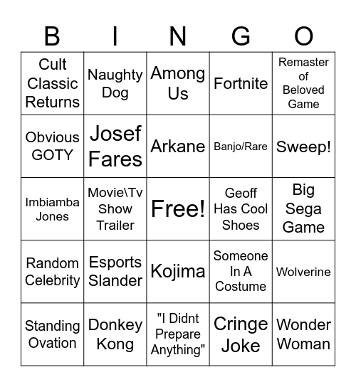 Game Awards Bingo Card