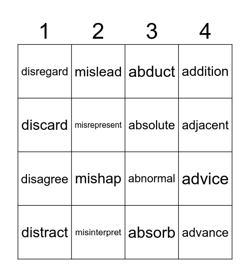 Lesson 1 Prefixes Bingo Card