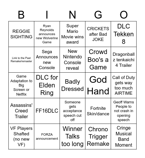 The Game Awards Bingo Card